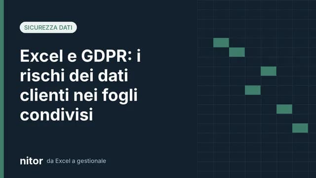 Copertina con il titolo Excel e GDPR e una griglia stilizzata da foglio di calcolo su sfondo blu scuro