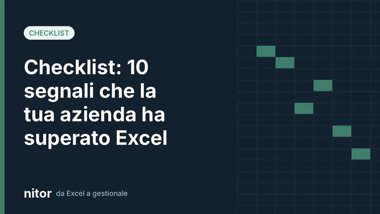 Copertina con il titolo 'Checklist: 10 segnali che la tua azienda ha superato Excel' su sfondo scuro con griglia stile foglio di calcolo