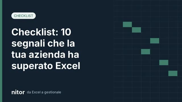 Copertina con il titolo 'Checklist: 10 segnali che la tua azienda ha superato Excel' su sfondo scuro con griglia stile foglio di calcolo