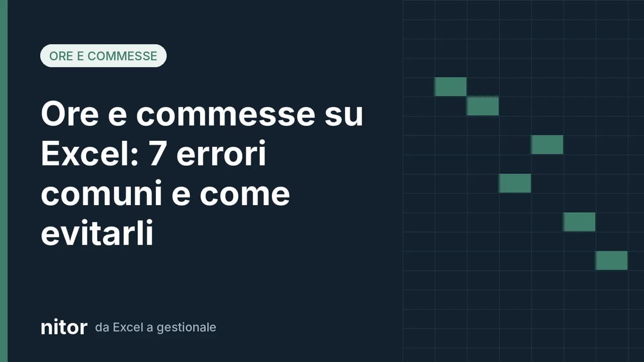 Copertina sugli errori nella gestione di ore e commesse con Excel, con griglia stilizzata di un foglio di calcolo