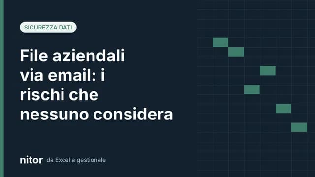 Copertina dell'articolo sui rischi di inviare file aziendali via email, con griglia stilizzata di un foglio di calcolo