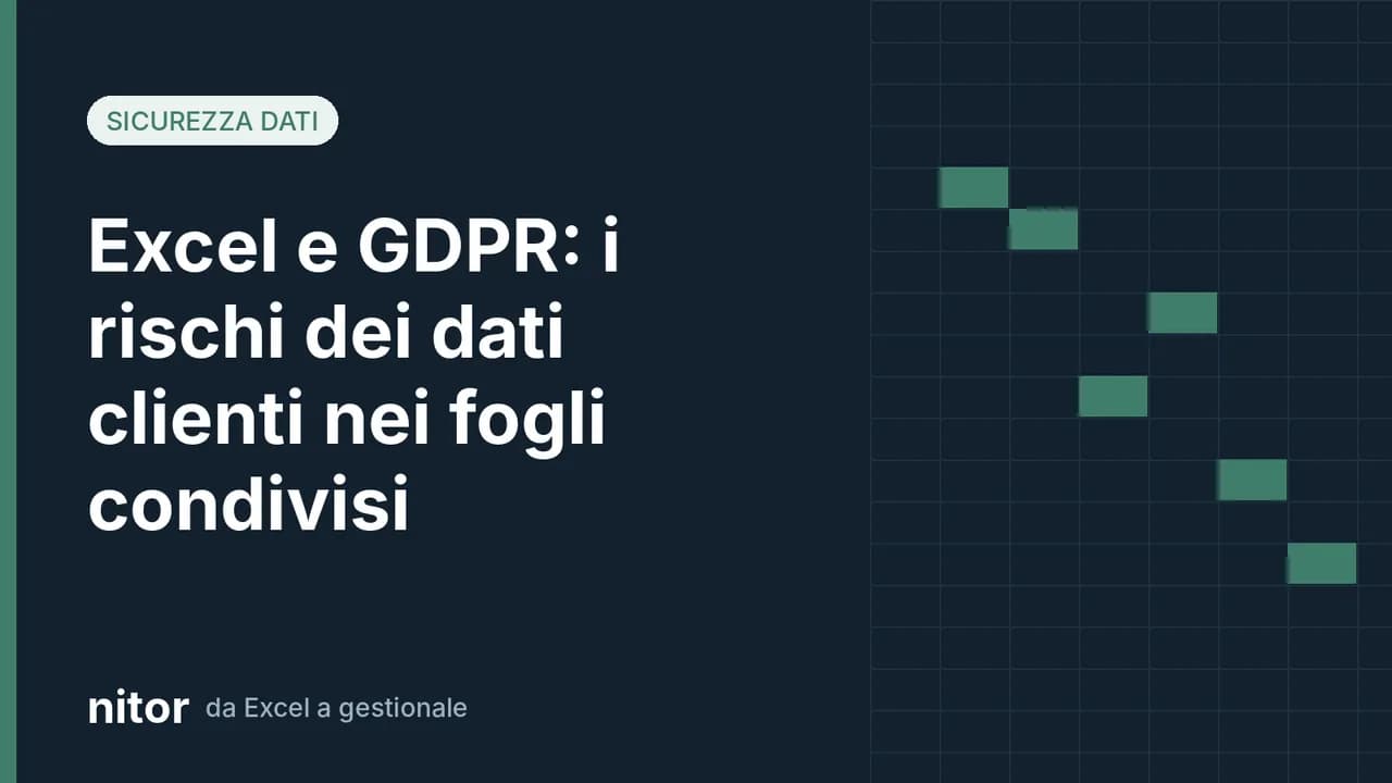 Copertina con il titolo Excel e GDPR e una griglia stilizzata da foglio di calcolo su sfondo blu scuro