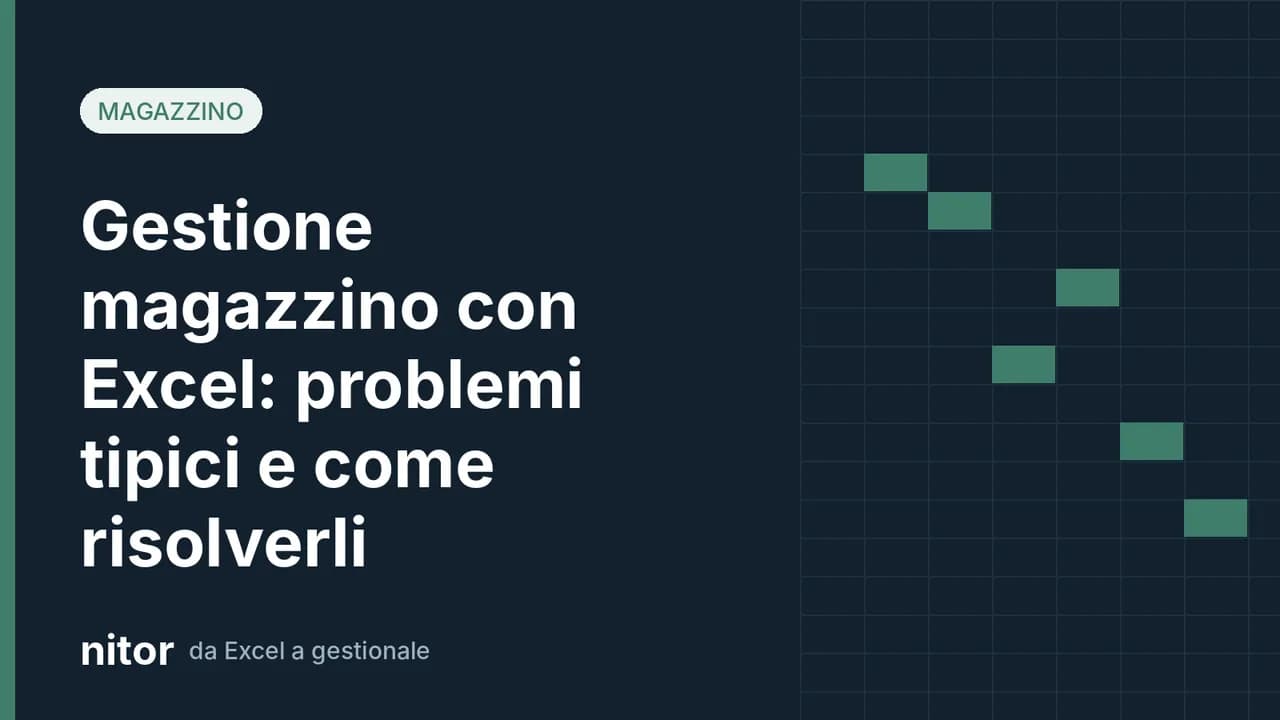Copertina dell'articolo sulla gestione del magazzino con Excel: titolo su sfondo blu scuro con griglia stilizzata da foglio di calcolo